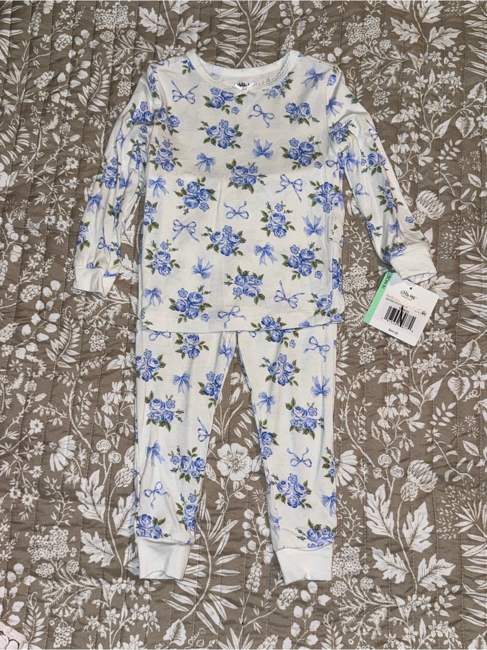 Little Me White Floral & Blue Bow Thermal Pajama Set